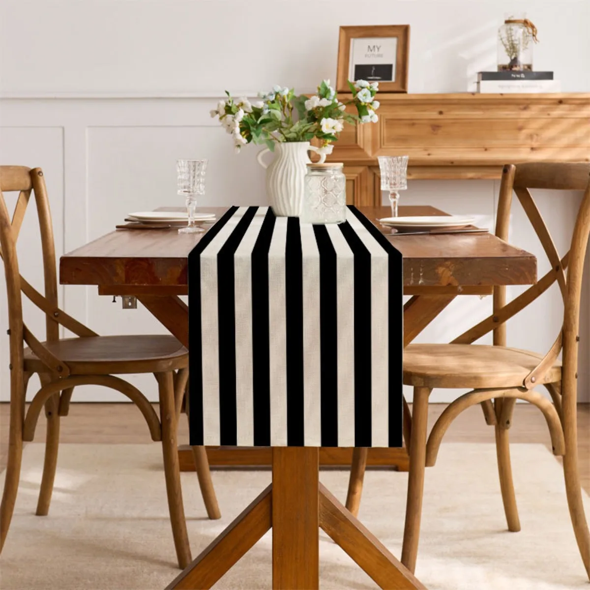 Black and White Striped Cabana Striped Table Runner Birthday Party Decoration Baby Shower Dining Room Summer Kitchen Table Decor