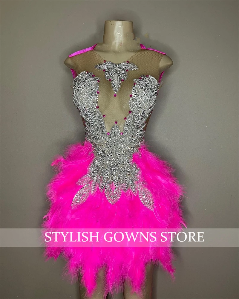 Pink O Neck Short Prom Dress For Black Girls Sparkly Beaded Crystal Birthday Party Dresses Feathers Mini Cocktail Customized