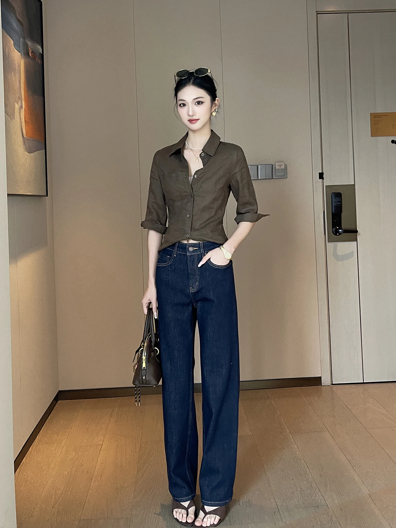 

High Waist Deep Blue Denim Jeans Women's Faion Retro Slim Fit Casual Long Trousers Spring 2026 New Sle Ladies Jeans