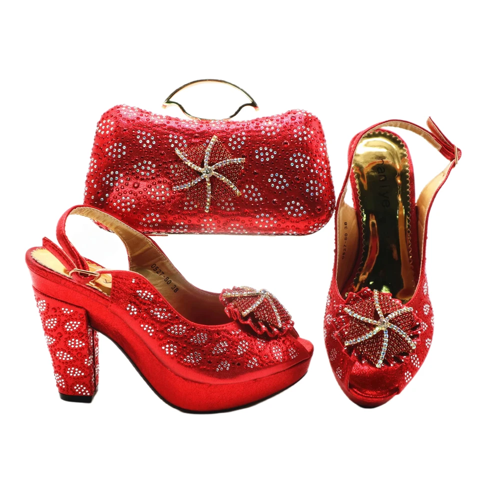 Haniye Red Color Clutch Matching 12CM Peep Toes Heels With Waterproof Women Shoes And Bag Set Crystal Decoration