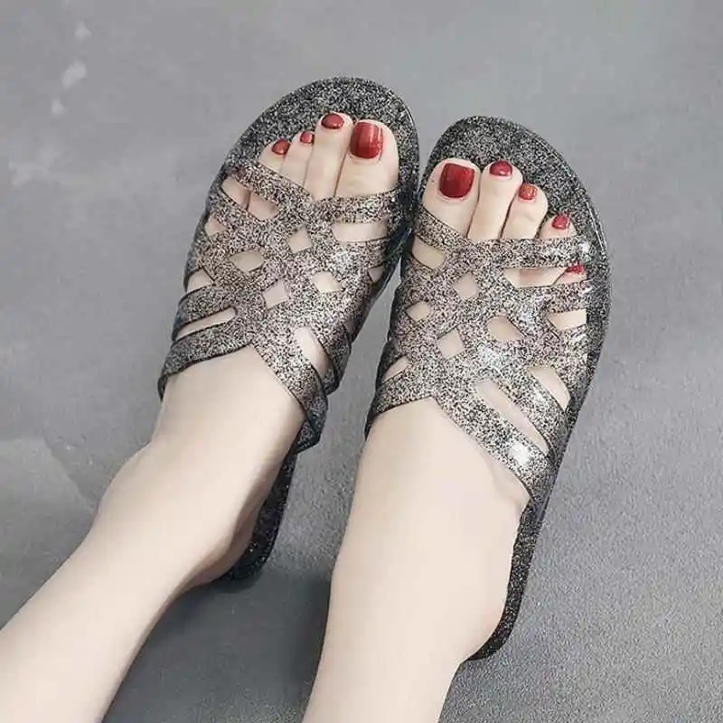 

Women's Plastic Transparent Wedge Heel Slippers Crystal Jelly New Purchase Product Bathing Anti-slip Home Slippers Summer
