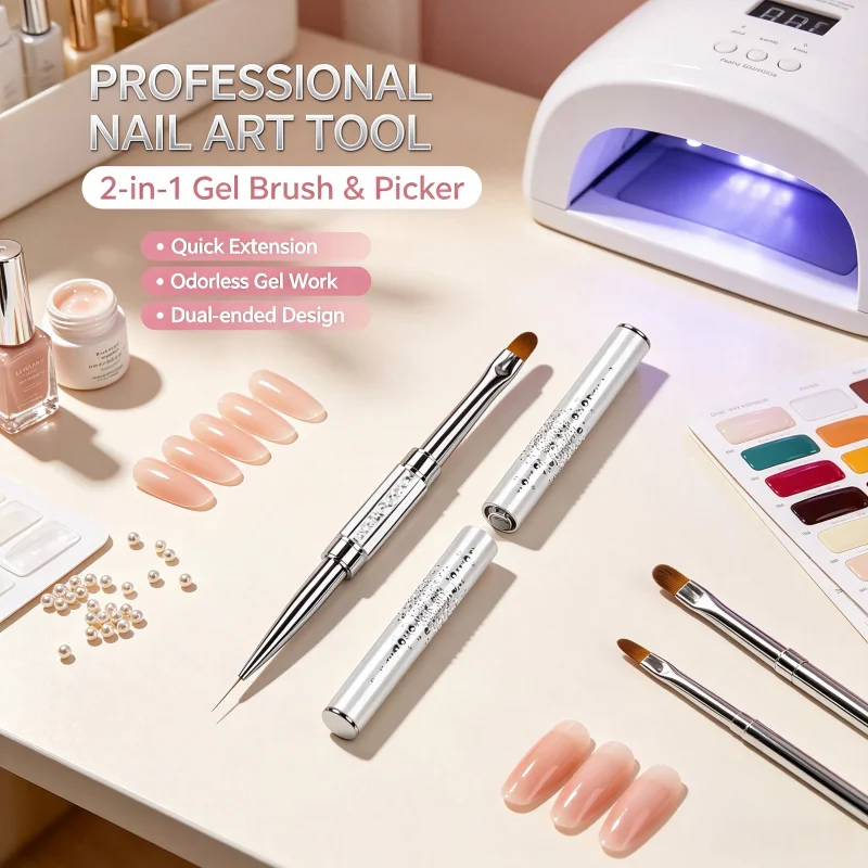 1PC Double‑Ended Nail Art Brush, 2‑in‑1 Polymer Gel Brush and Picker, Odorless Gel Nail Design Tool for Quick Nail Extension