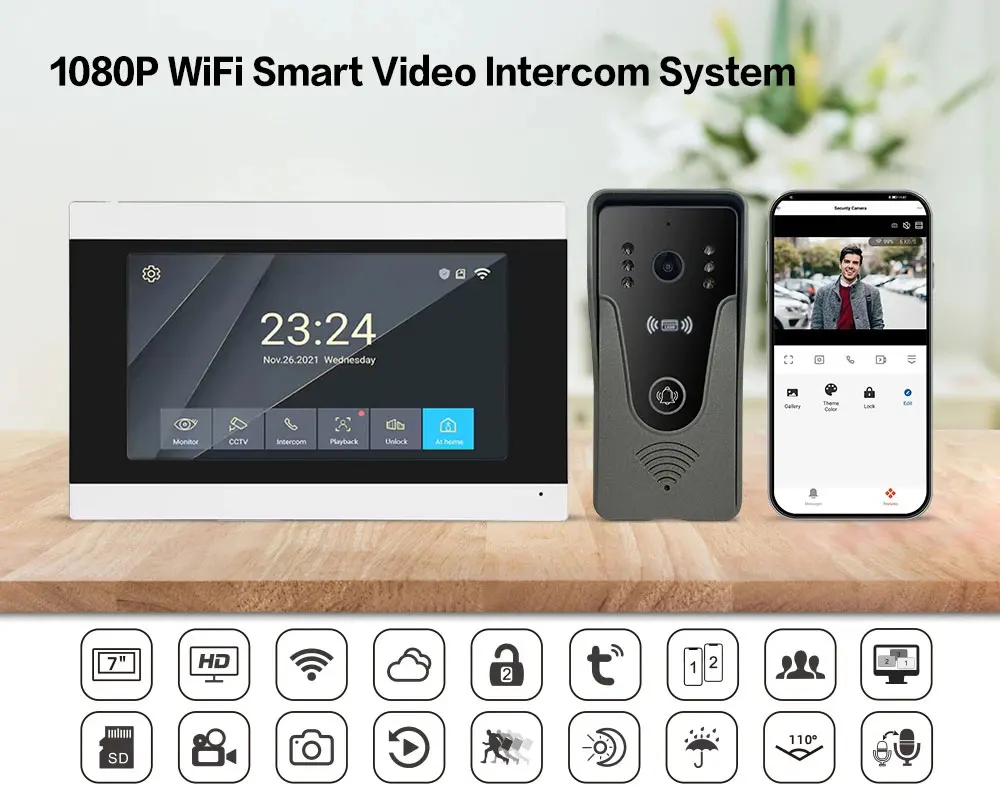 1080p 7 polegada wi fi vídeo campainha intercom tuya casa inteligente sem fio rfid sistema de controle acesso para villa apartamento