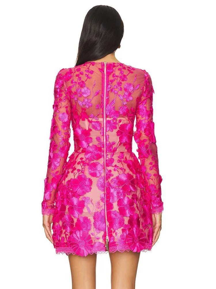 Gala Romantic Glamour 3D Floral-Embroidered Hot Pink Lace Sheer Mini Dress Formal Evening Gown
