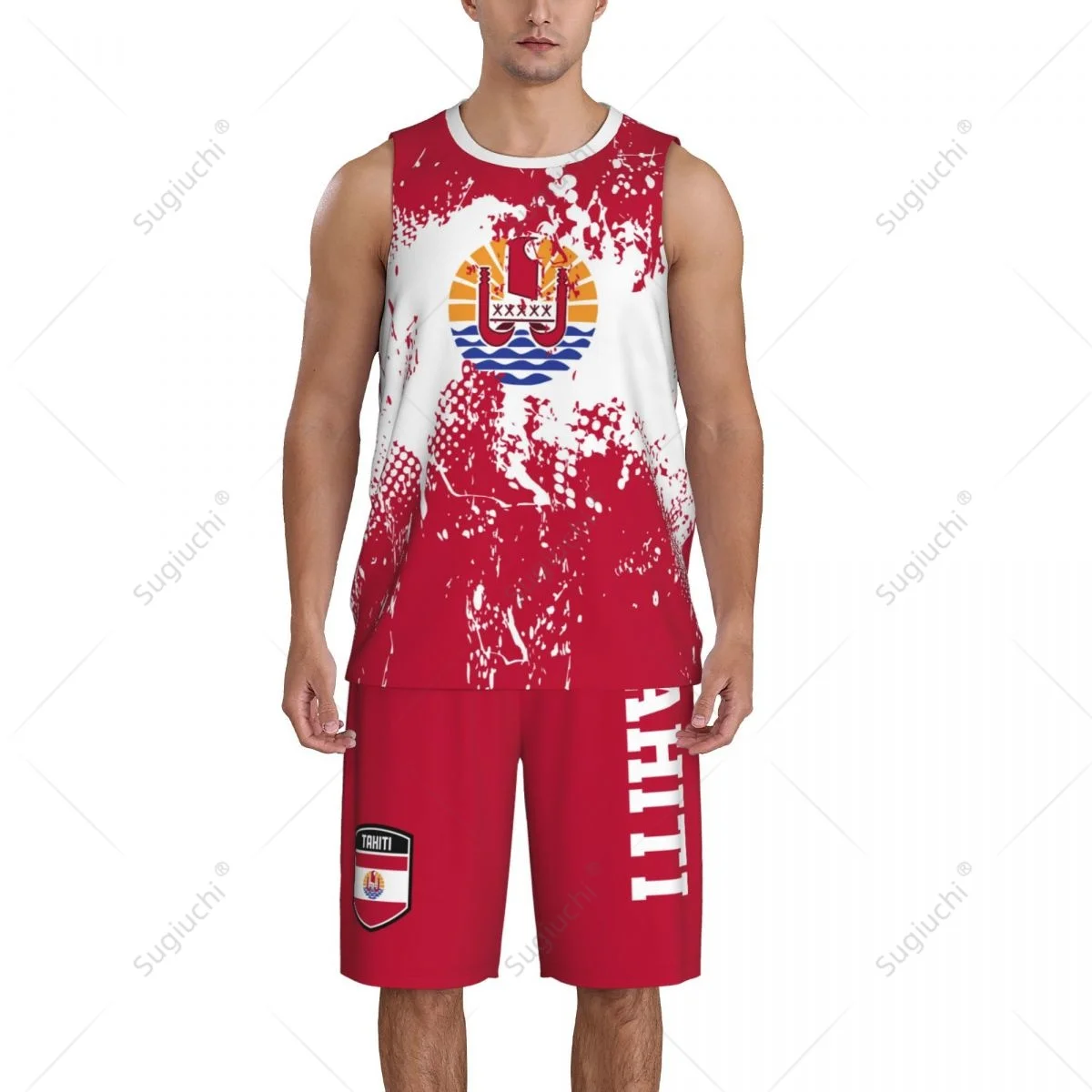 Team-up Tahiti Flag Grain Men Basketball Jersey Set Shirt & Pants Sleeveless Custom Name Nunber Exclusive