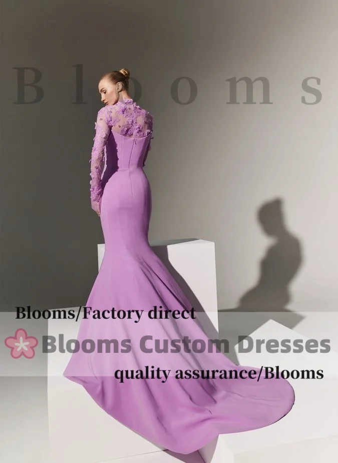 Customized Lavender Mesh Lace Long Sleeve Mermaid Prom Dress Buttons High Neck Elegant Evening Dress Wedding Formal Gown
