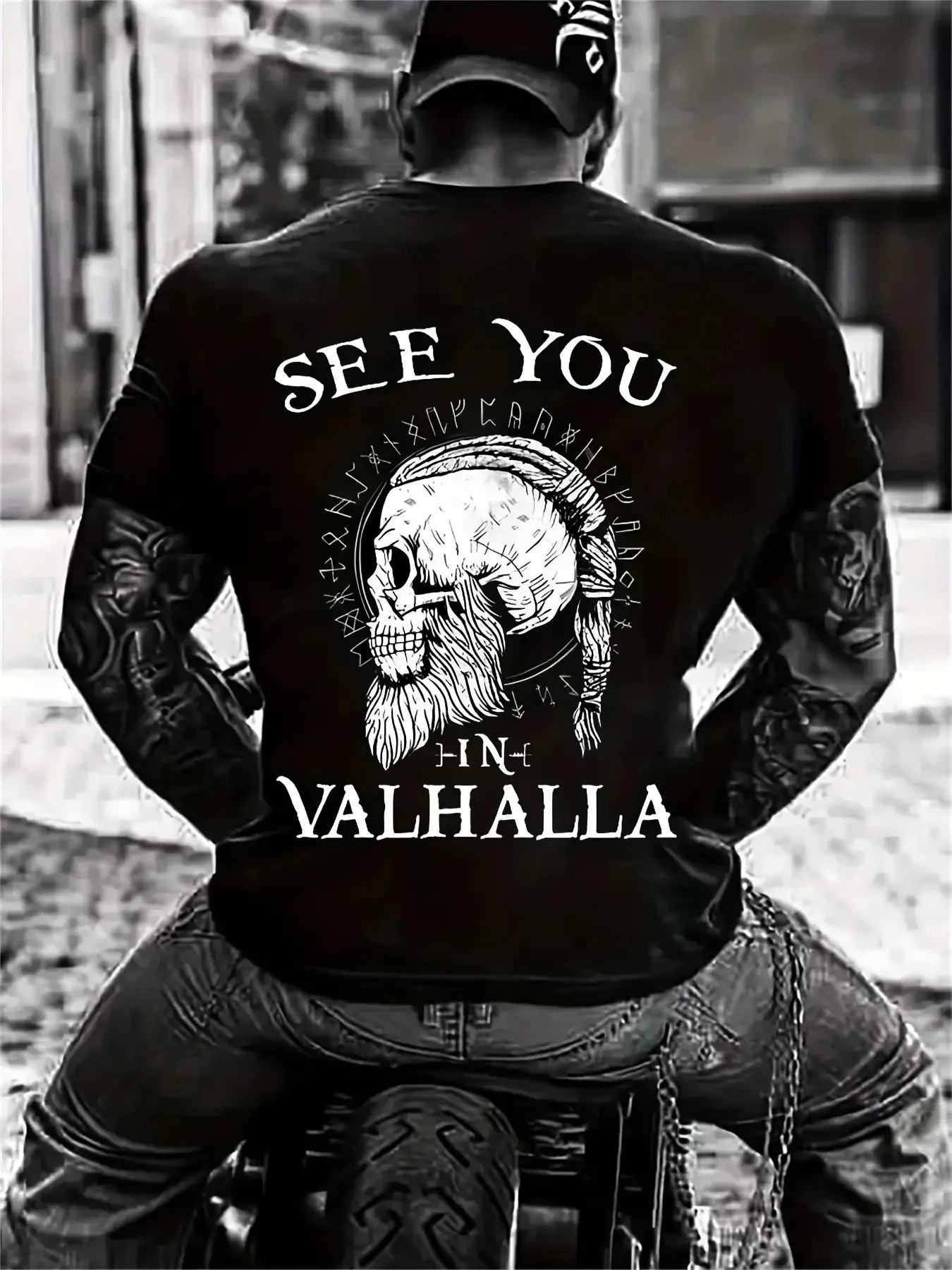 Men's Viking Skull and Valhalla Norse Print T-Shirt - Full-Body Viking Design with Valhalla Battle Patterns, Breathable for Gym,