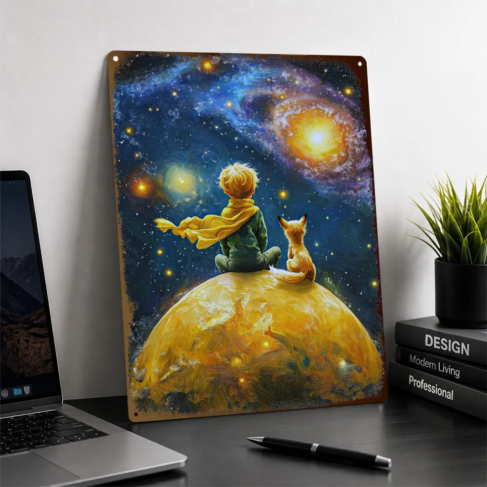 Little Prince With Fox Beneath Galaxy Aluminum Poster Customized Metal Sign Vivid Dark Folklore Wall Art Made For Story Lovers
