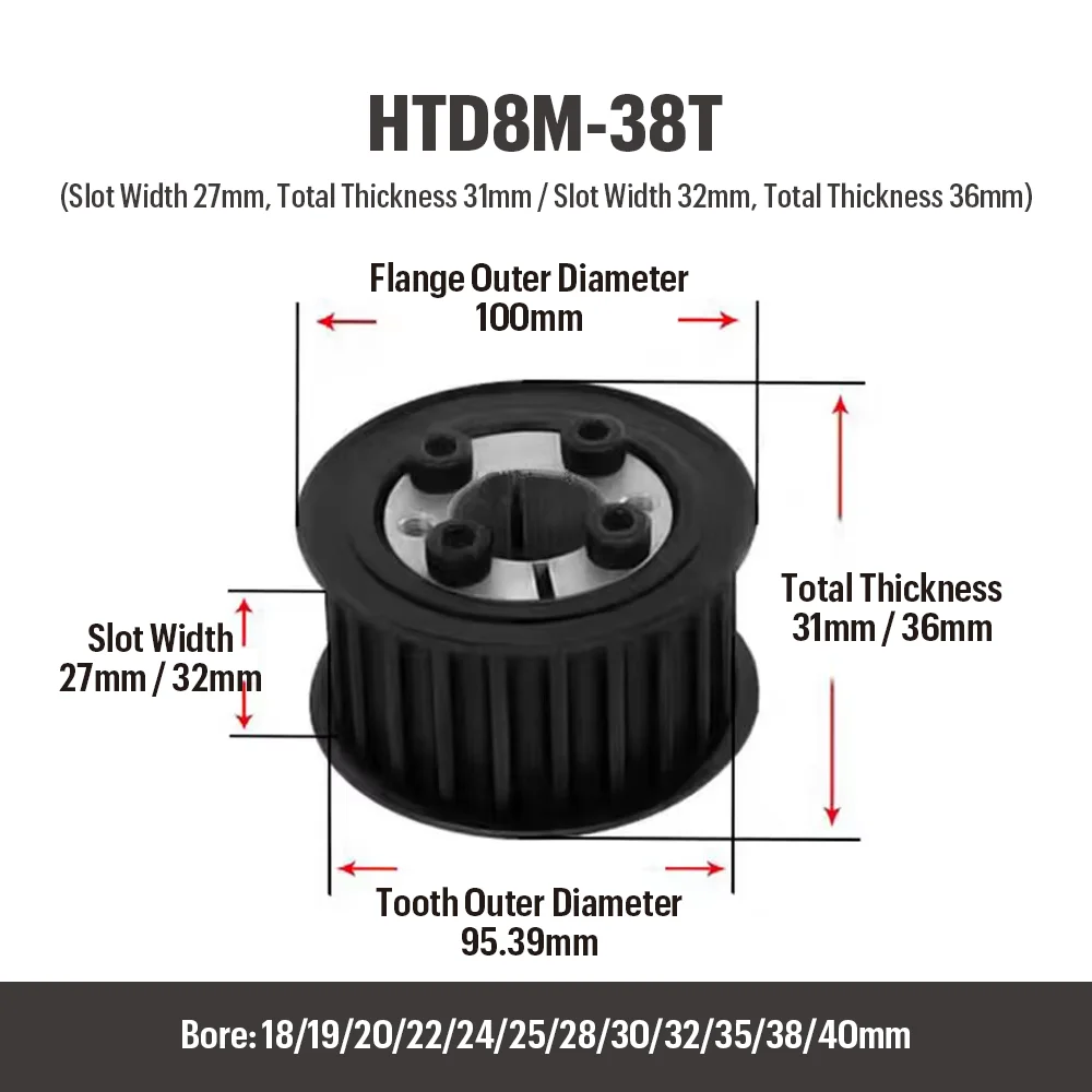 HTD8M 38T/40T/44T/48T Timing Pulley With Keyless Bushing Bore 18/19/20/22/24-50mm Steel Synchronous Wheel For Width 25/30mm Belt