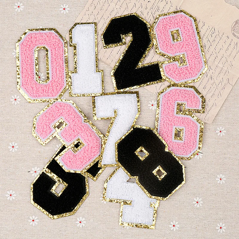 10 Stück/Set Nummern 0-9 Chenille-Aufnäher mit Goldrand, selbstklebend, für DIY-Bastelarbeiten, Abzeichen, Kleidung, Nähzubehör – Detail 3
