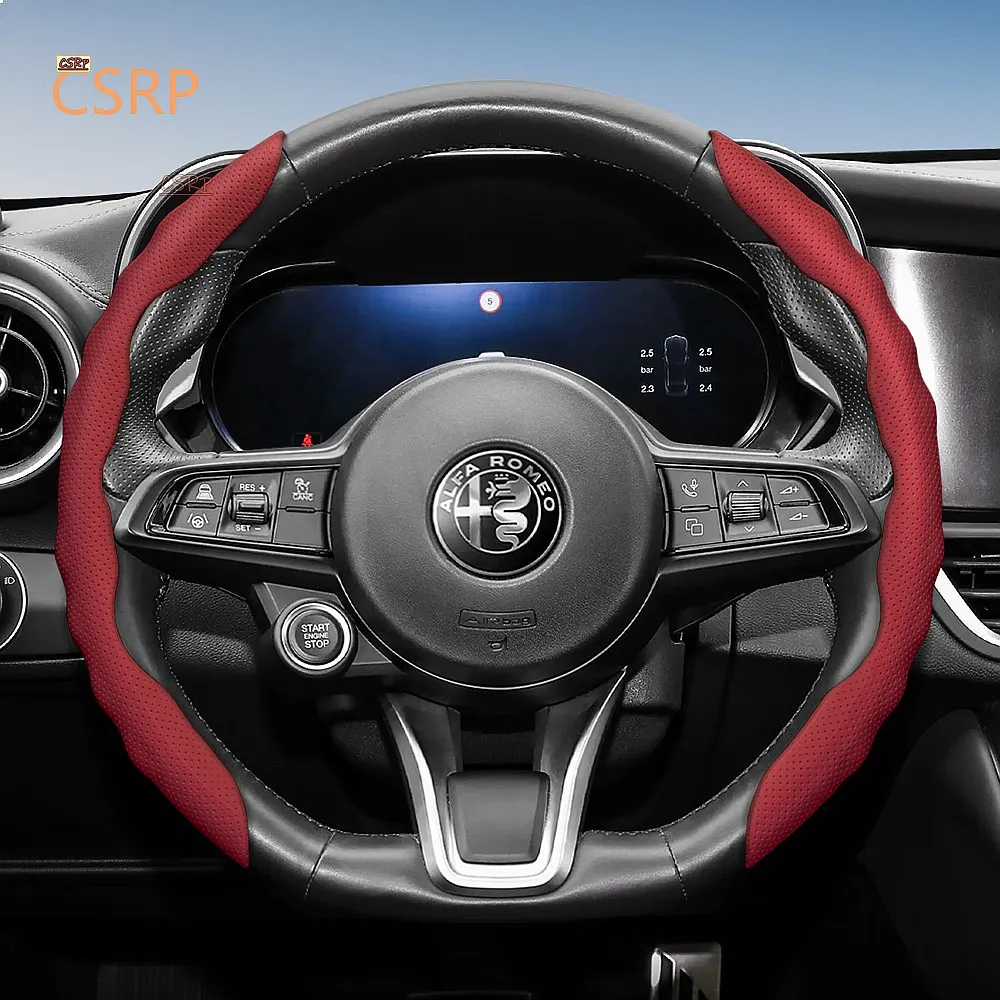 Wave-Shaped Sporty Steering Wheel Cover for Alfa Romeo Giulia Stelvio Breathable Leather Non-Slip