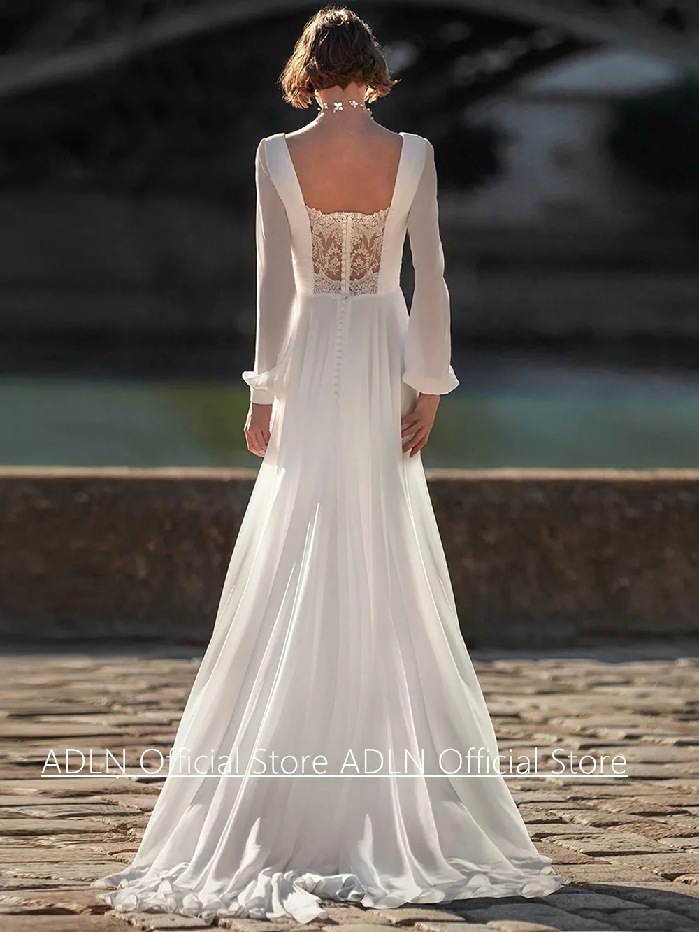 Beach Wedding Dress Customized Square Neck Illusion Back Buttons Puff Sleeves Applique Chiffon Korea Bridal Gown Sweep Train