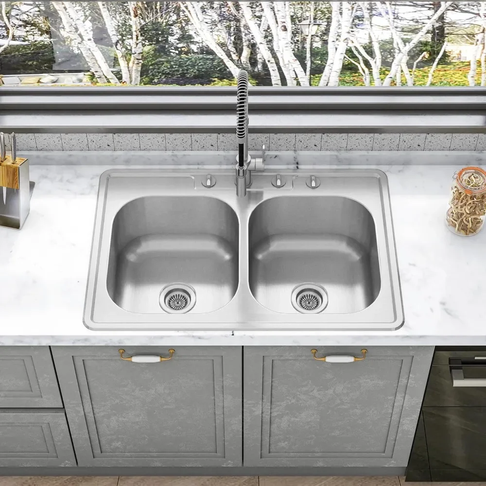 

Drop In Double Bowl Kitchen Sink with 18 Gauge 304 Stainless Steel Satin Finish