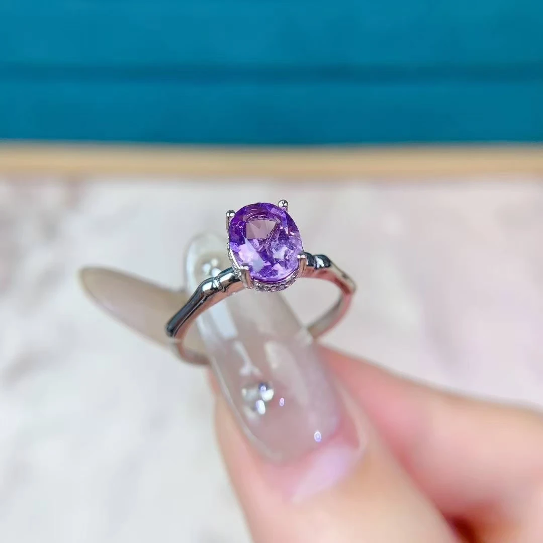 

simple design 925 silver Amethyst Ring with 18K gold plating 6mm*8mm 1ct VVS grade Natural Amethyst Silver Ring for Engagement