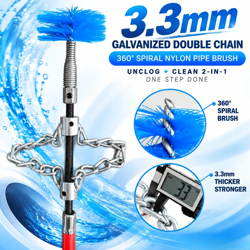 8Pcs Drain Cleaning Kit, 8mm Flexible Shaft,14mm Thick PE Hose,2-in-1 Sewer Clog Remover for Kitchen Bathroom