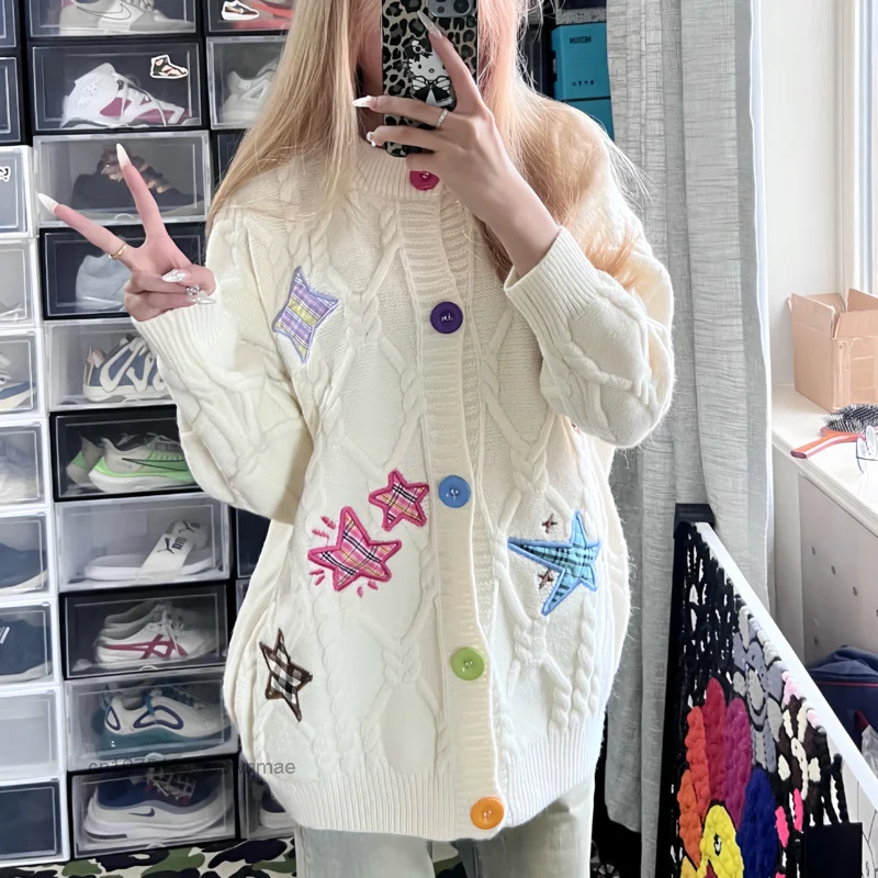 

Knitted Cardigan Sweater for Women, Loose Casual Sweater, Oversize Knitwear Tops, Pentagram and Star, Sweet and Cool, New, 2023