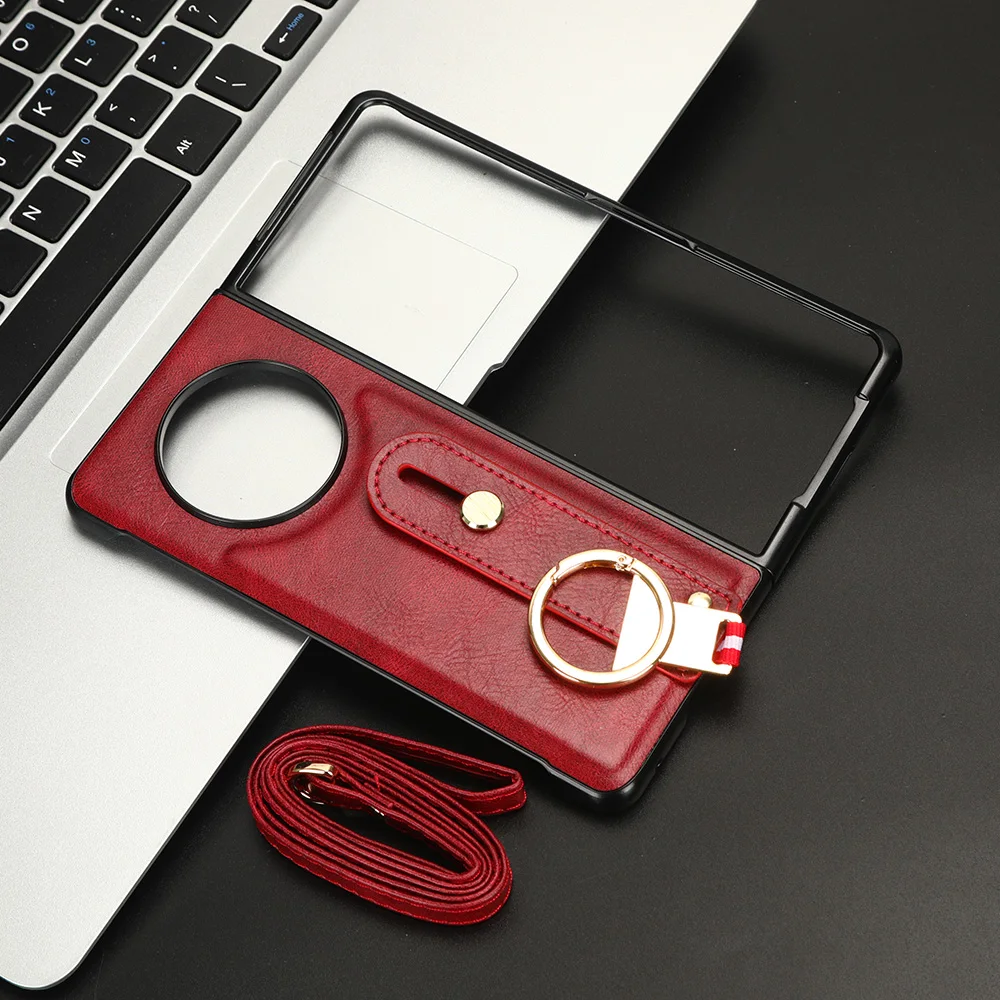 Luxury Leather Anti-Slip Phone Case for Tecno Phantom V Fold Wrist Strap Finger Ring Back Cover