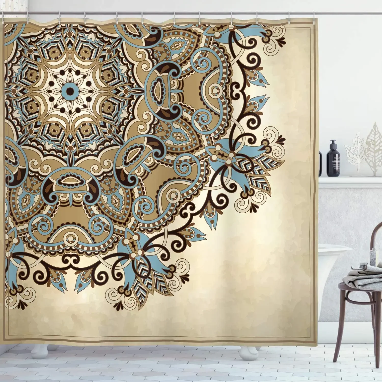 Mandala Shower Curtain Flower Circle with Blooming Petals and Leaves Vintage Style Print Cloth Fabric Bathroom Decor with Hooks