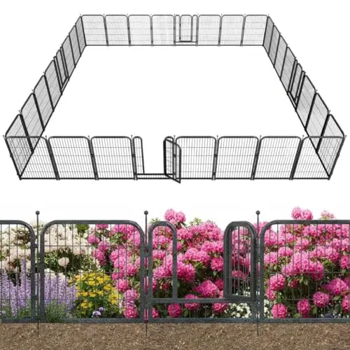 Decorative Garden Metal Fence 72ft (L)×40in (H) with 28 Panels 4 Gate Outdoor, No Dig Rustproof Wire, Animal Barrier