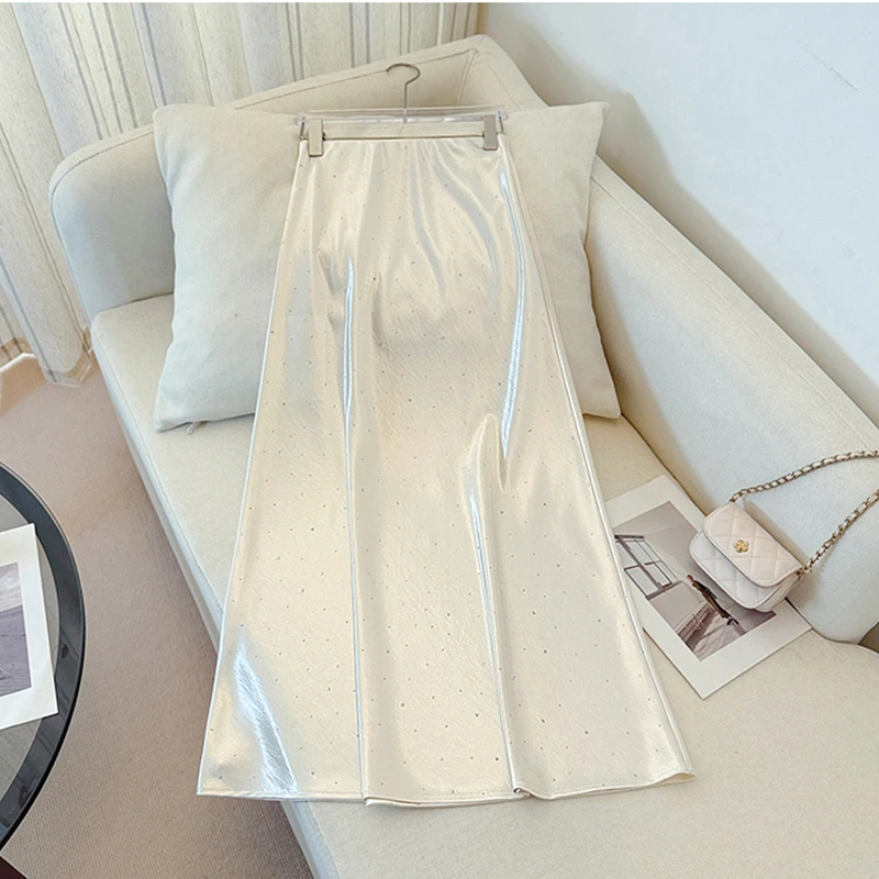 French Elegant Long Skirt Women Acetate Satin Fashion Office Lady Trumpet Skirts Female Summer High Waist A Line Chic Skirts New