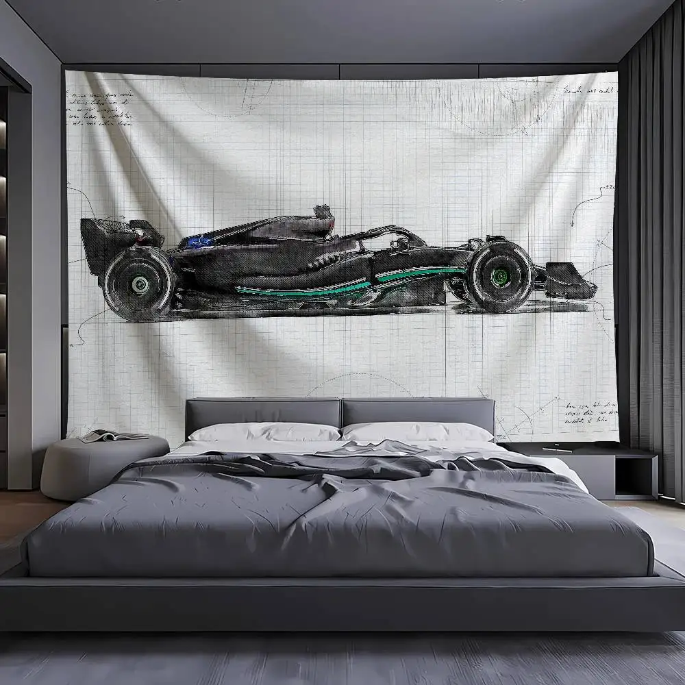 Formula Racing Car Sketch Tapestry, F1 Race Car Blueprint Style Wall Hanging, Vintage Hand Drawn Race Vehicle Room Garage Decor