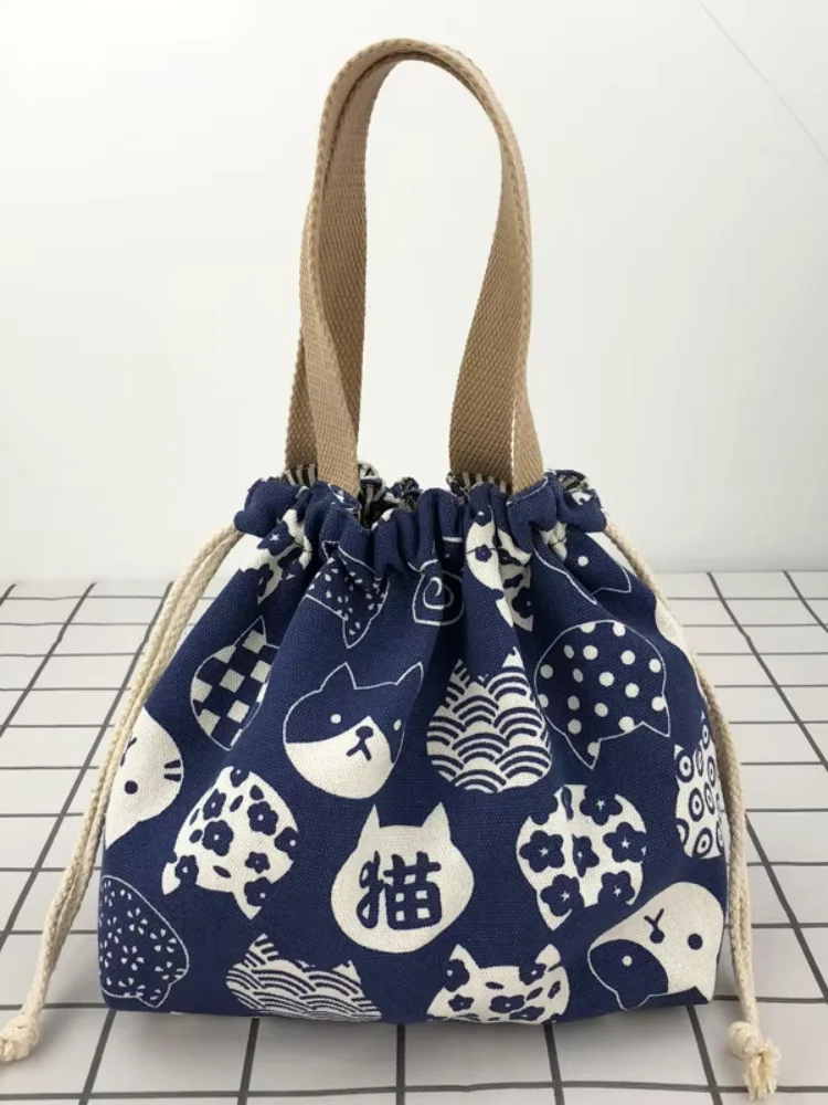 Cute Japanese Anime Canvas Lunch Tote Bag Foldable Drawstring Bento Bag Portable Handbag Holds 2 Lunch Boxes For Women Students