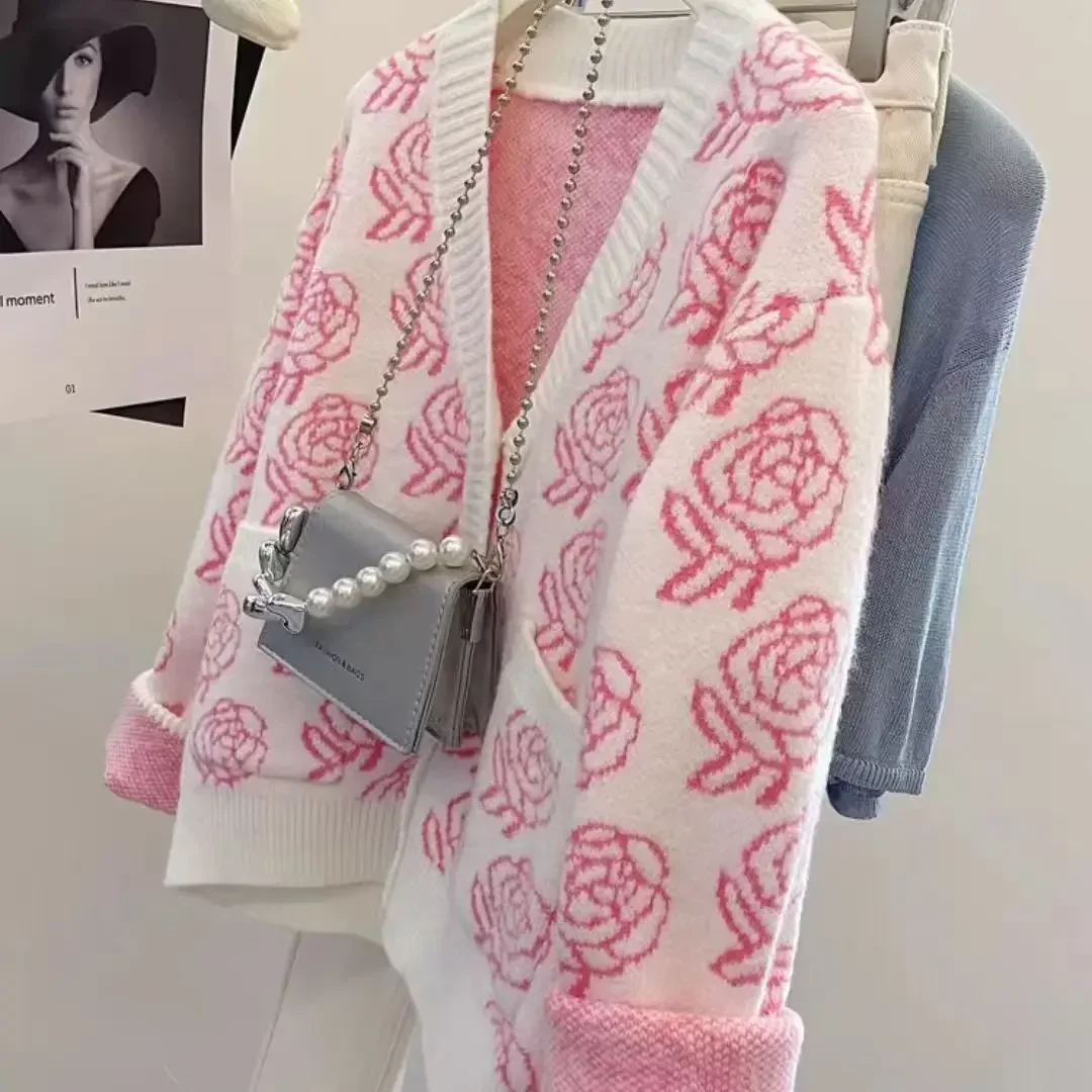 

Розовый жаккардовый розовый кардиган, свободный вязаный свитер с v-образным вырезом для женщин, свитер с длинными рукавами и пуговицами, корейский модный джемпер, топы