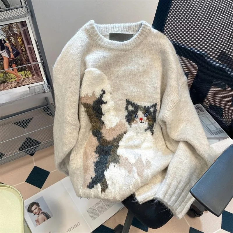 2000s Kpop Fairycore Kawaii Cartoon Cat Jacquard Casual Women Sweaters O Neck Long Sleeve Pullovers Sweet Fashion Jumpers