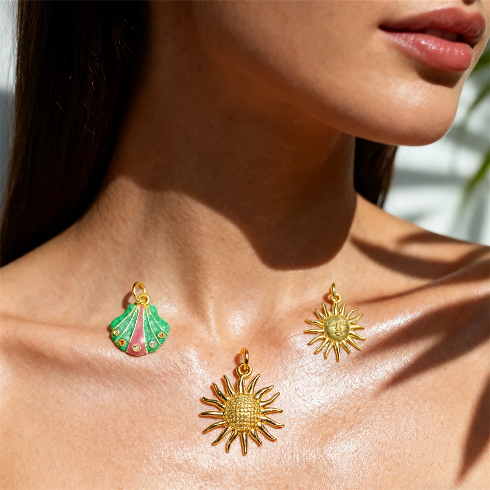 

2Pcs Pendants Brass Charms with Cubic Zirconia Sun Sunflower Shell DIY Jewelry Charms for Necklace Bracelet Making Craft