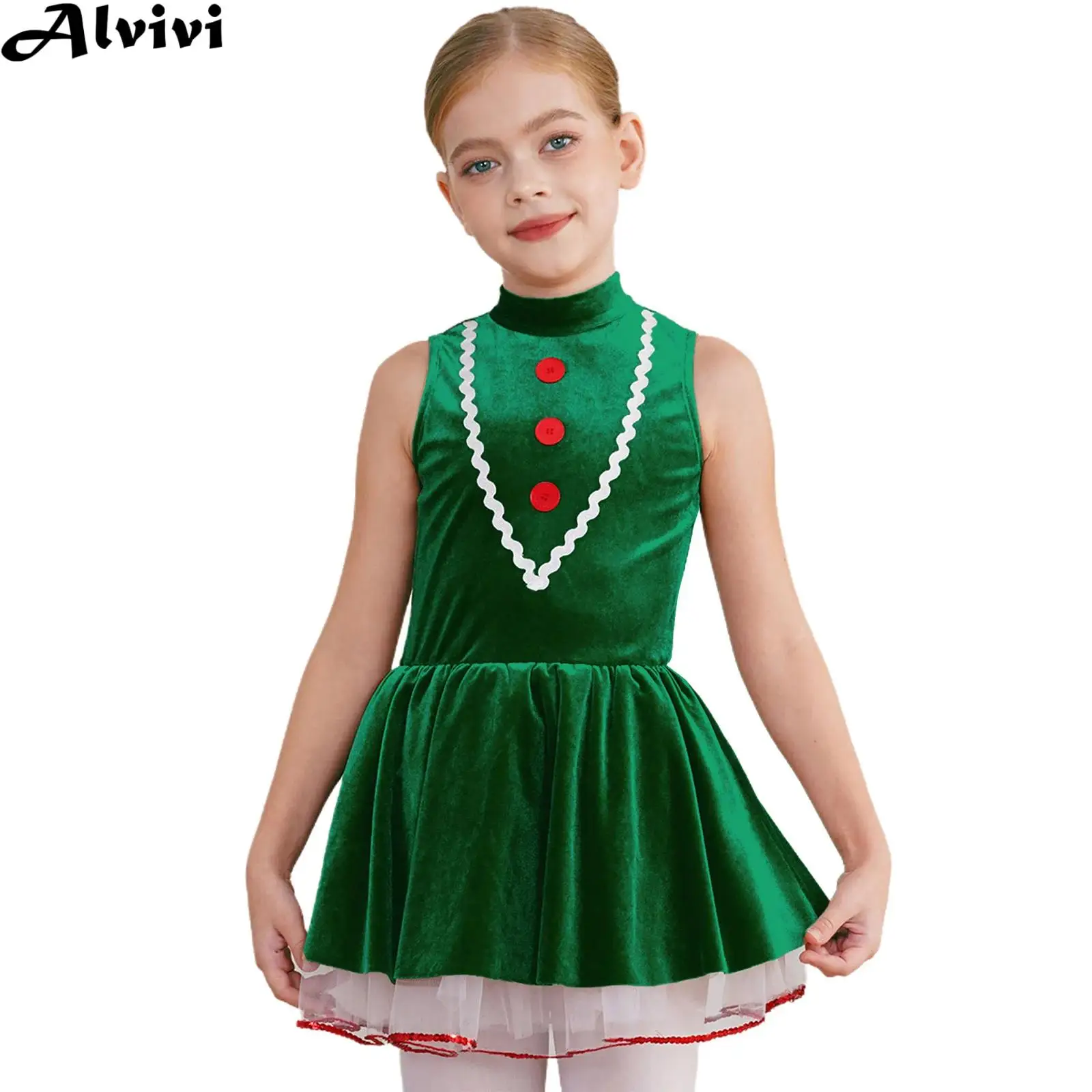 Girls Christmas Dance Dress Sleeveless Velvet Mesh Leotard Tutu Xmas Halloween Carnival Gingerbread Cookie Man Cosplay Costume