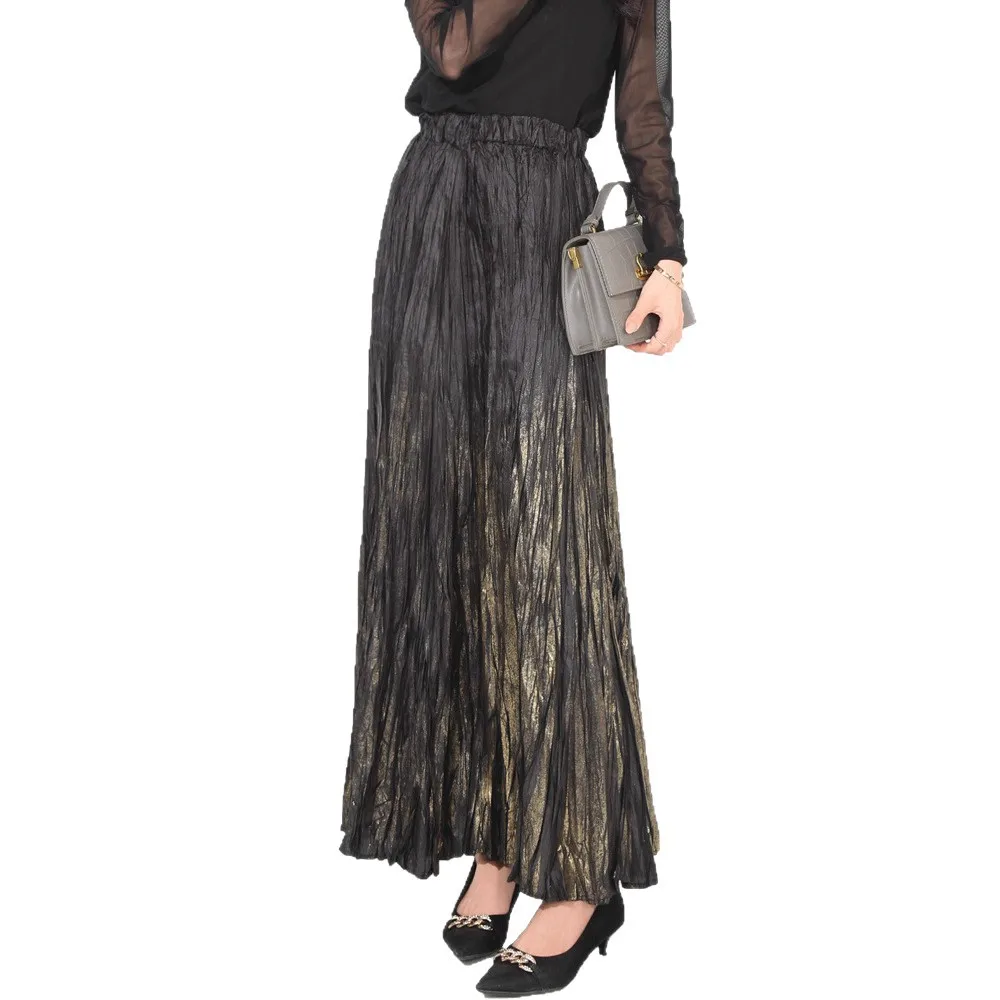 Miyake 2025 تنورة برونزية مطوية للنساء عالية الخصر رقيقة يتأرجح تنورة طويلة مطوي مرونة الخصر يتأرجح مظلة تنورة