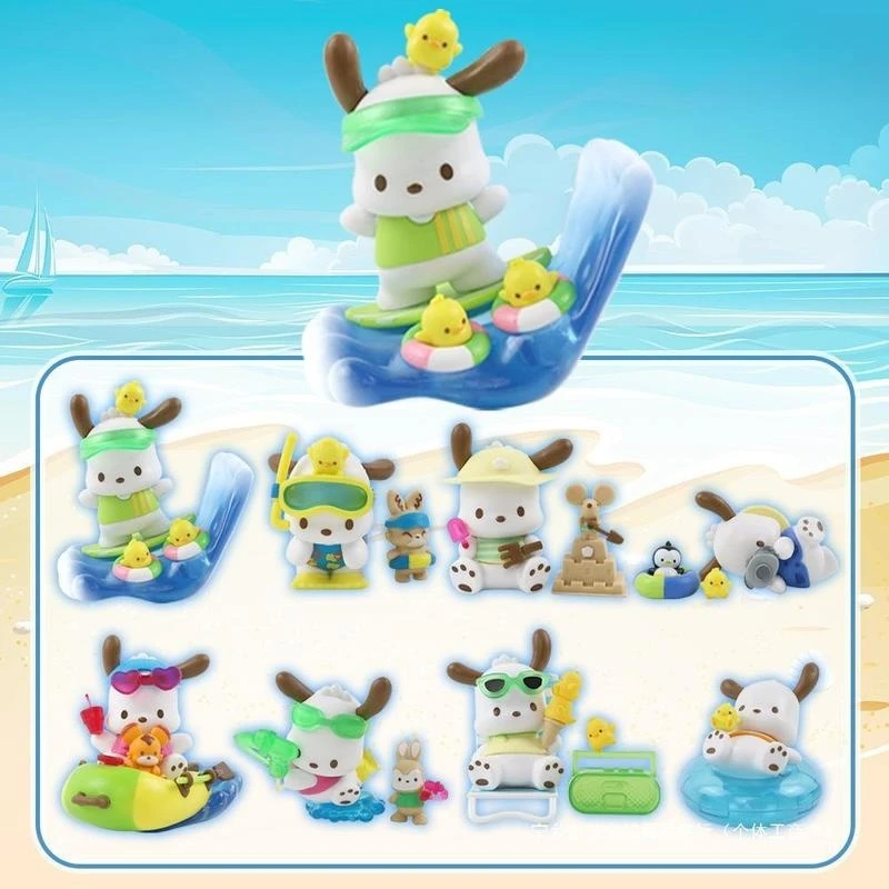 Sanrio Pochacco Holiday Beach Series Actionfigur Garage Kit Schöne Welpenpuppe Desktop Ornament Geschenk Weihnachtsgeschenk Kinderspielzeug