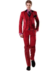 Men's Red Velvet Three Pieces Suit Tuxedos Single Breasted Jacket Vest Pants Wedding Prom Banquet Busienss Tuxedos