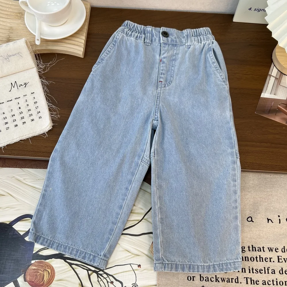 Korean Style Denim Straight Elastic Jeans for Kids Loose Button Pocket Casual Baby Pants Fashion Streetwear