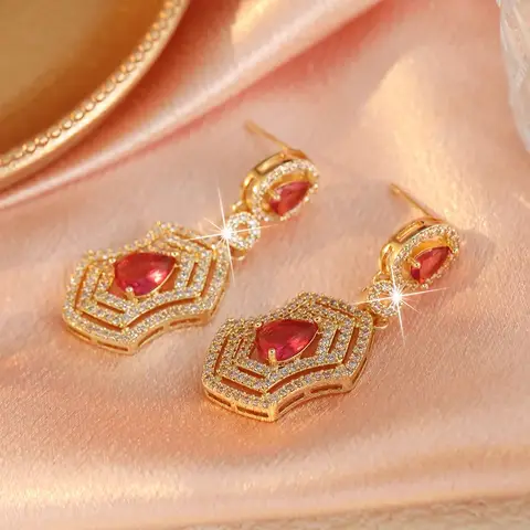 Women's Luxurious Geometric Pendant Earrings Double Layered Cubic Zircon Covered Shiny Design Earrings Exquisite Elegant Jewelry