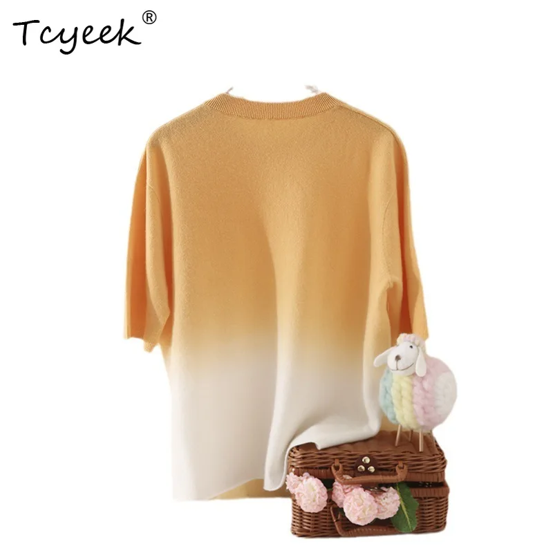

Tcyeek, 100%Sheep Wool Elegant Sweater, Women Half Sleeve Gradient Color, Versatile Loose Knit Pullovers, 2024 Autumn T47159QC