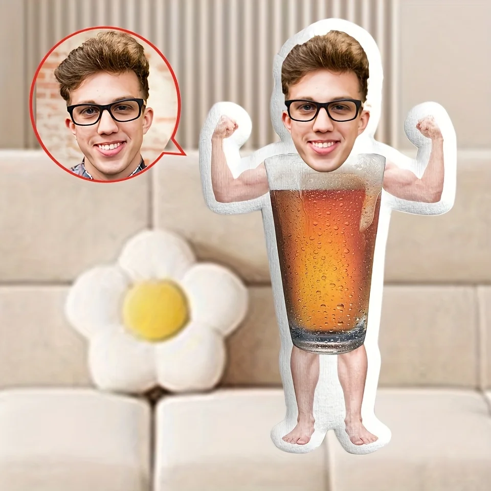 Personalized Customized Facial Short Plush Pillow with Beer Body Shape Featuring Your Facial Photo, a Perfect Surprise
