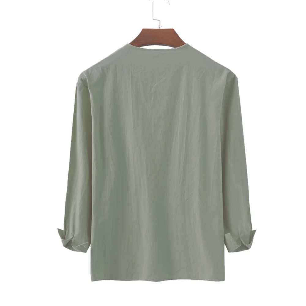 Style Mens Long Sleeve Shirt Stand Collar Drawstring Relaxed Fit Solid Color Cotton Blend Comfortable Streetwear