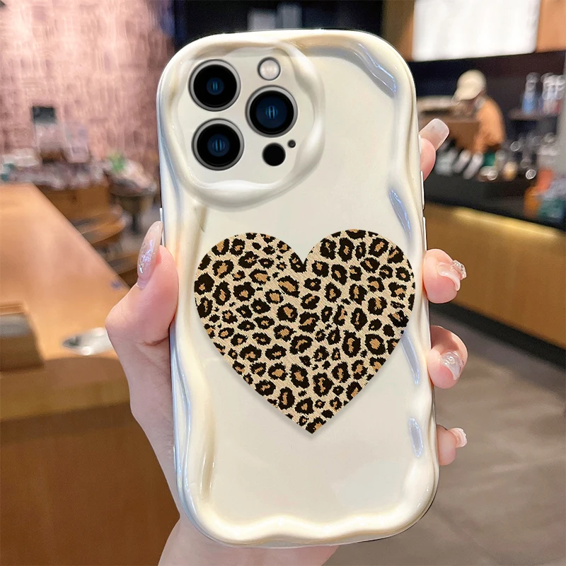 Love Leopard Print Wave Phone Case for iPhone 16 15 14 Pro Max 13 12 Mini 11 XS X XR 8 7 Plus SE 2022 2020 Soft Silicone Cover