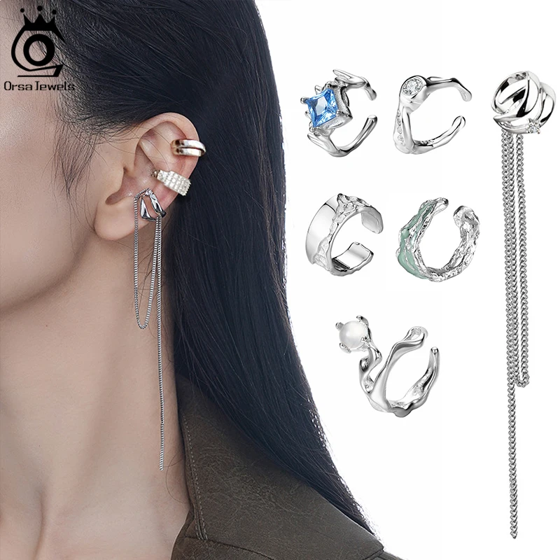 

ORSA JEWELS 925 Sterling Silver Ear Cuffs Fashion Long Chain Non-Piercing Ear Clip Earrings for Women Girls Jewelry 1Pcs CL24