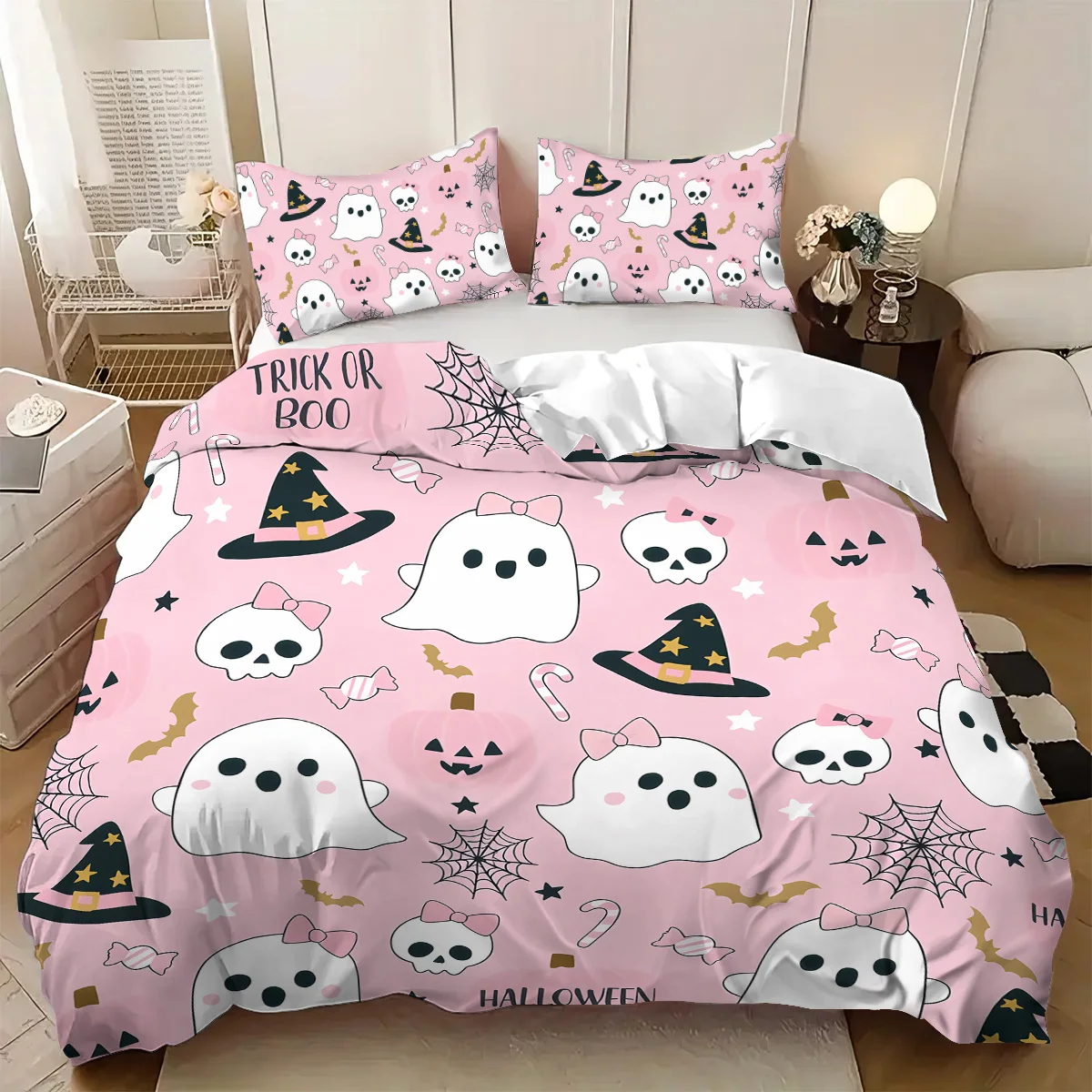 

3pcs Halloween themed, cartoon ghost, spooky pattern bedding set, 1*quilt cover+2*pillowcase, Halloween home decoration