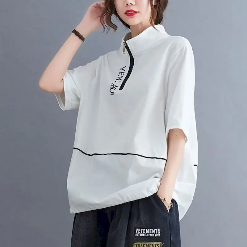 

Oversized T Shirts Women Fashion Print Letter 98% Cotton T-shirt Zipper Design Short Sleeve Tops Summer Trend Thin Loose Tshirt