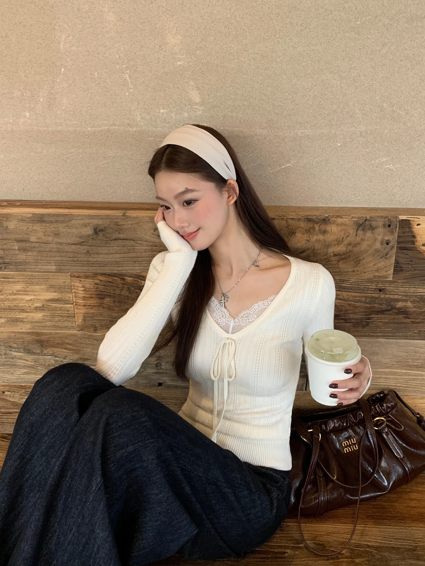 

Lace Knit Sweater Women's Sle Winter Lazy High-End Sensation Inner Wear Top Slim Fit V-Ne Long Sve Color G Sle