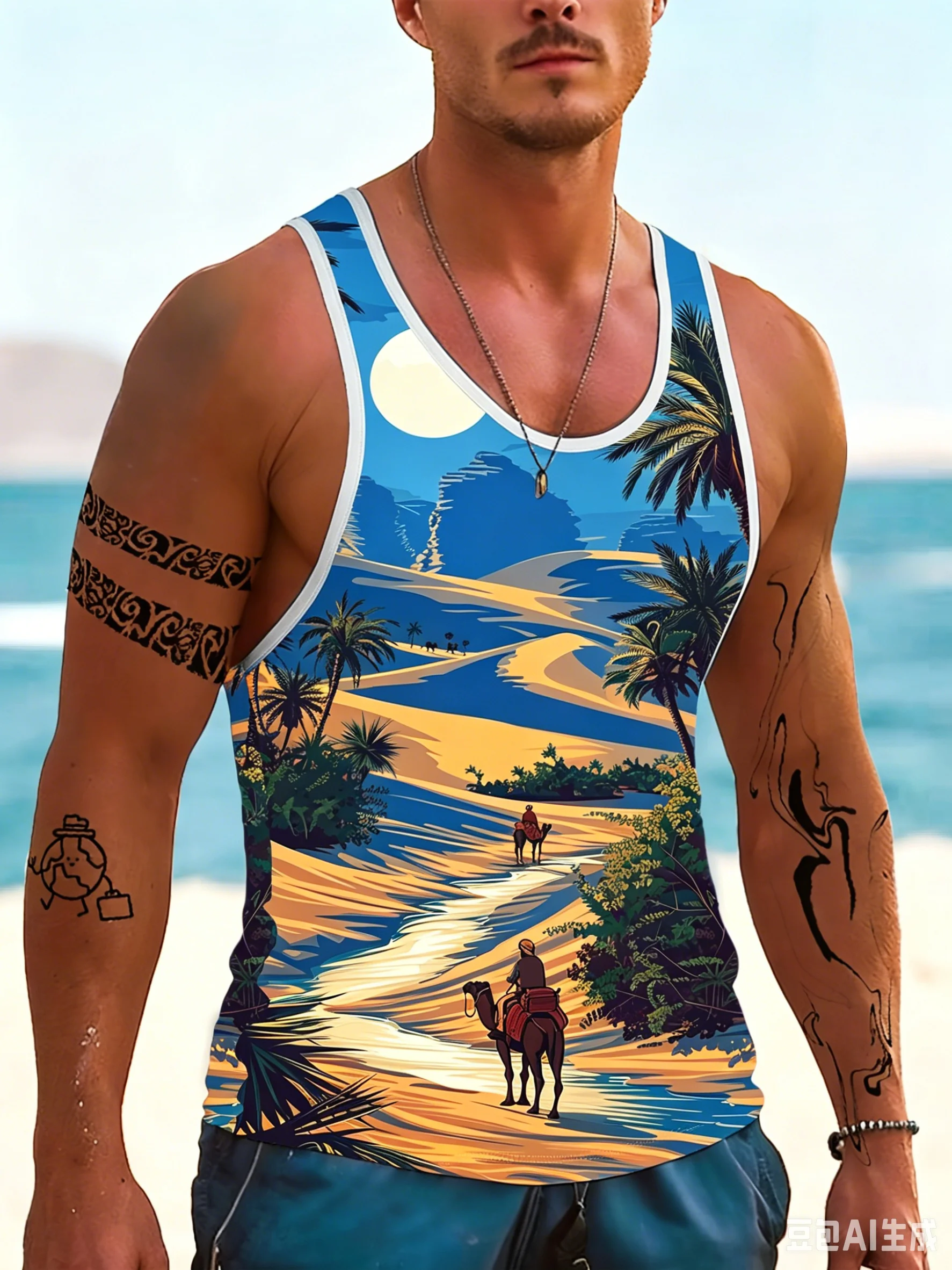 Men's Yellow Desert Camel Palm Tree Print Tank