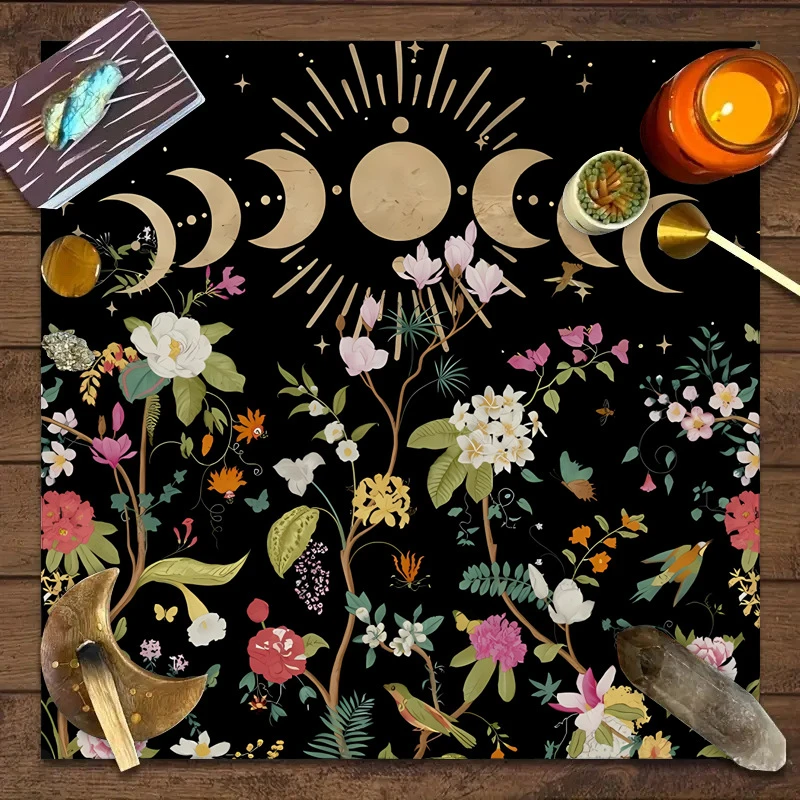 Moon Phase Floral Tarot Altar Cloth Witch Goddess Tablecloth Divination Reading Mat Home Decor