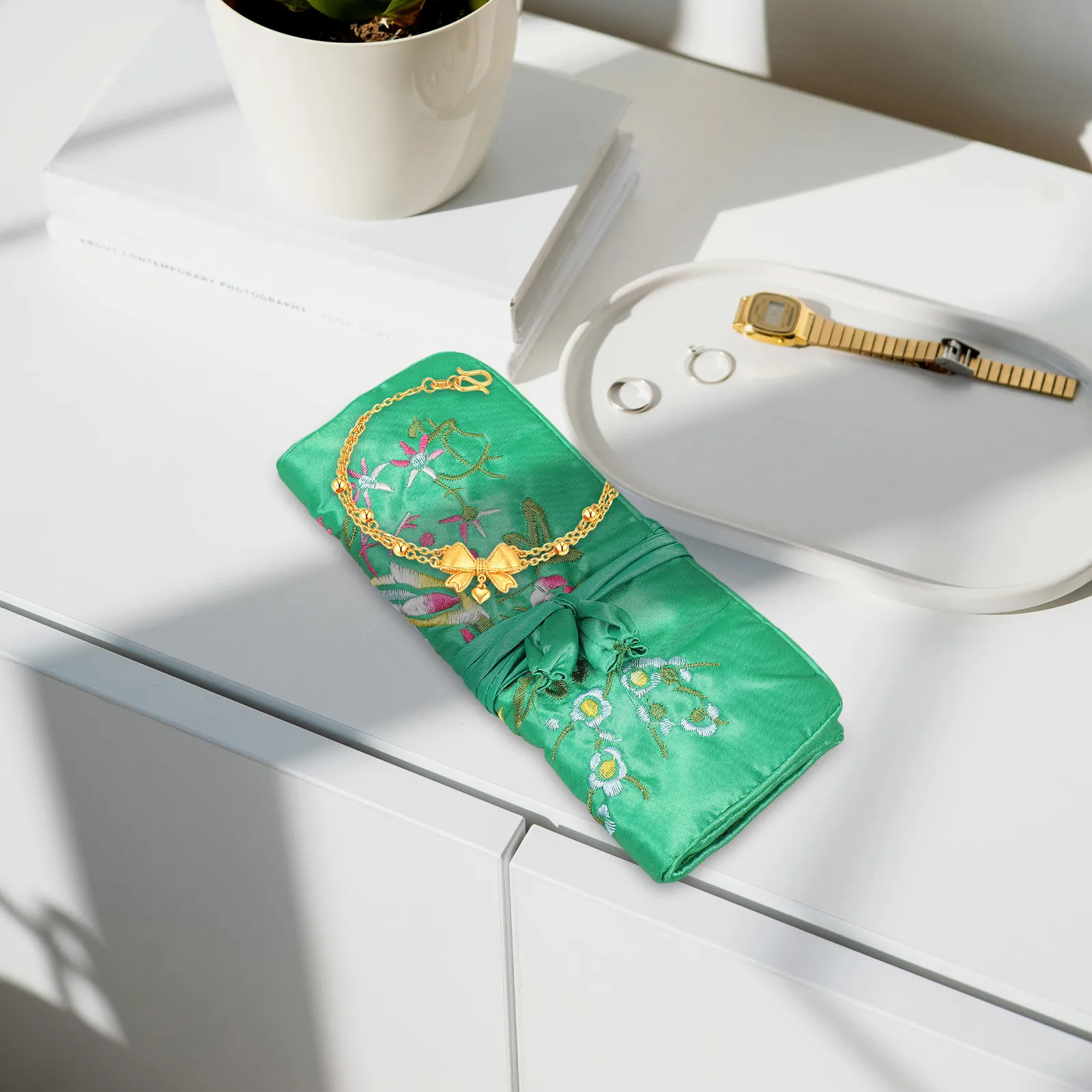 

Сумка-органайзер для украшений, ручной работы, с вышитым цветочным узором, складной мешочек для хранения серег, ожерелий, браслетов