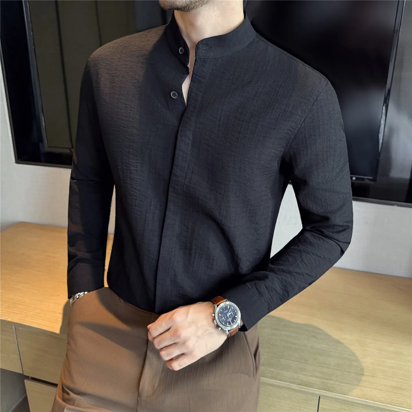 Autumn High-quality Stand Up Collar Shirt for Men Long Sleeve Casual Business Dress Shirts Fashion Office Social Men's Clothing
