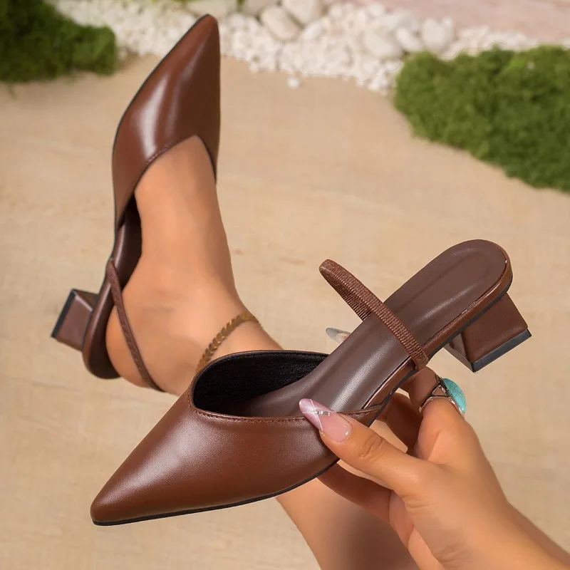 Ladies Slippers Are Fashionable and Elegant in Summer. Baotou Pointy Middle Heel and Solid Color High Heels Are Banquet Shoes.