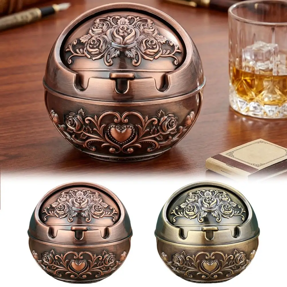 Vintage Metal Ashtray Windproof Globe Sphere Rose Carved Cigarette Ash Tray Lid Table Desktop Home Office Bar Outdoor Decor