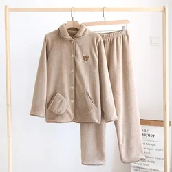 Autumn and winter new couple pajamas long-sleeved trousers flannel thickened warmth solid color cute home service two-piece suit